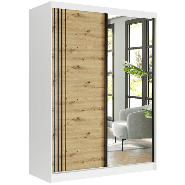 Posuvná skříň Rivano V 150 cm bílá se zrcadlem 2-dveřová artisan černé příčky