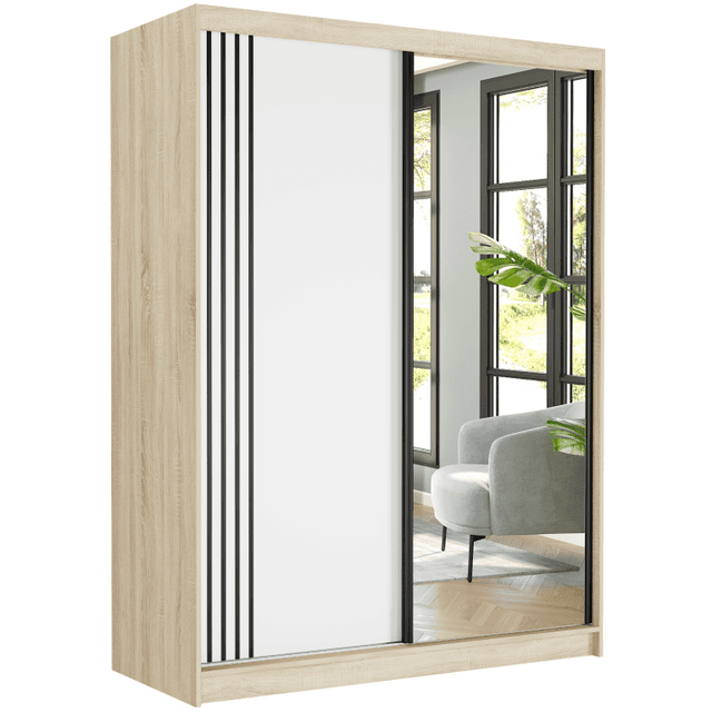 Posuvná skříň Rivano V 150 cm sonoma se zrcadlem 2-dveřová bílá černé lišty