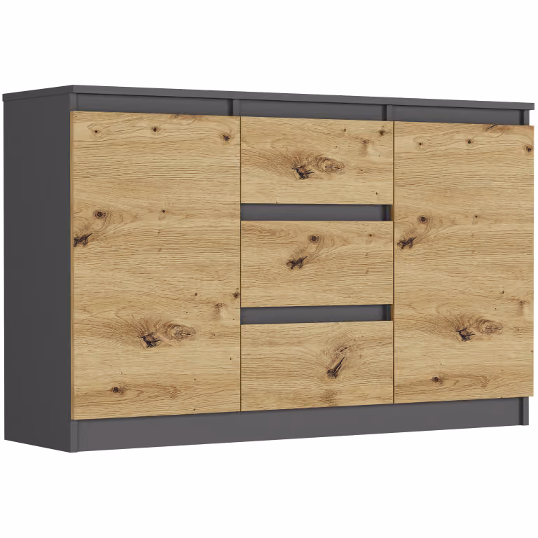 Komoda antracit mix artisan 120x76x33 cm, 3 zásuvky a 2 dveře, Framire R-120-S3 – video produktu
