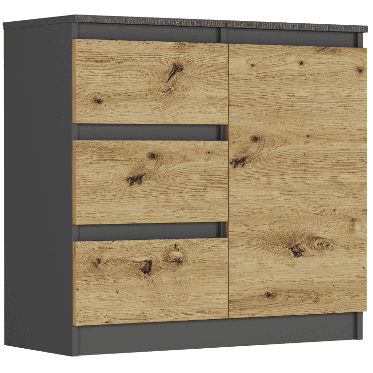 Komoda antracit mix artisan 80x76x33 cm, 3 zásuvky a 1 dvířka, Framire R-80-S3 – video produktu